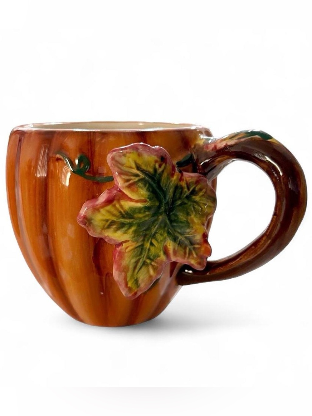 Vtg 2001 Mervyn’s Ceramic Pumpkin Leaf Coffee Mug – Fall Thanksgiving Harvest